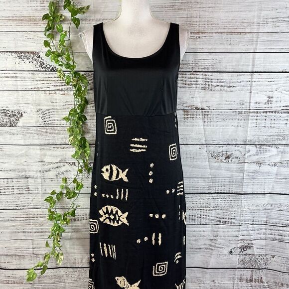 Molly Malloy Dress size 8 Petite Black Tan Fish Aztec Midi Artsy Teacher School - Picture 3 of 16